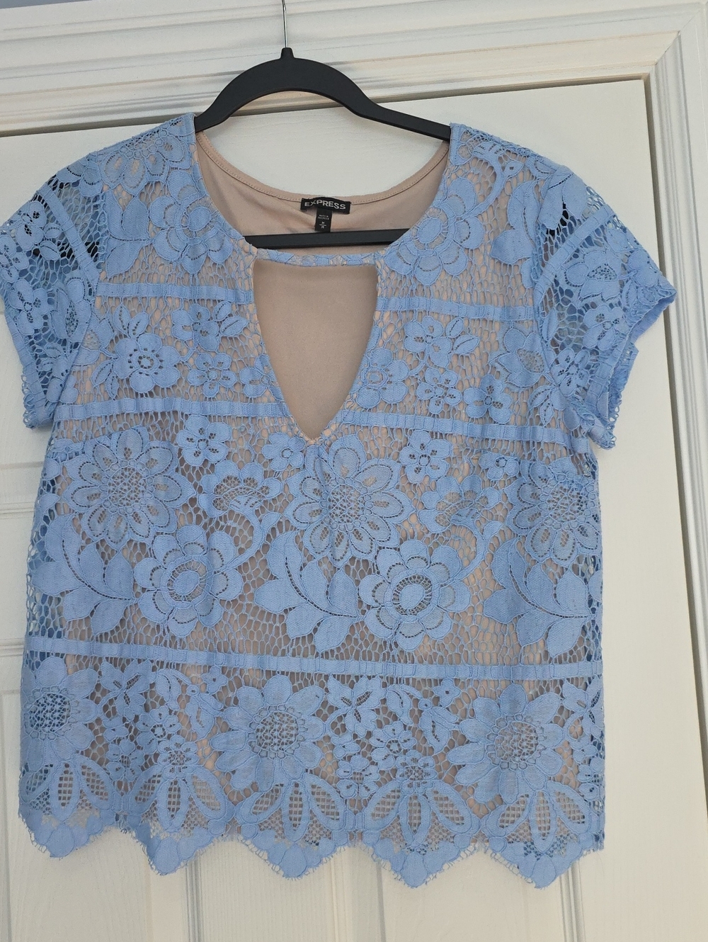 Express Light Blue Floral Lace Keyhole Top